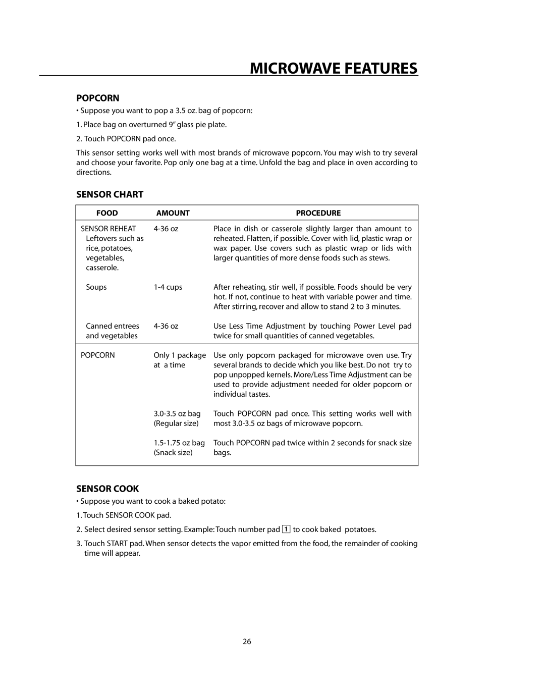 DCS CMO24SS manual Popcorn, Sensor Chart, Sensor Cook 