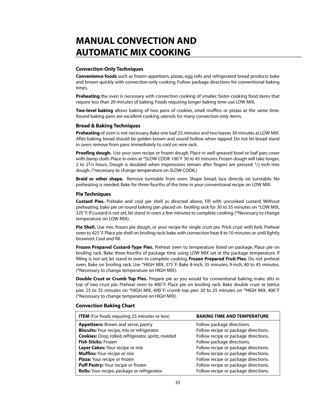 DCS CMO24SS manual Convection-Only Techniques, Bread & Baking Techniques, Pie Techniques, Convection Baking Chart 