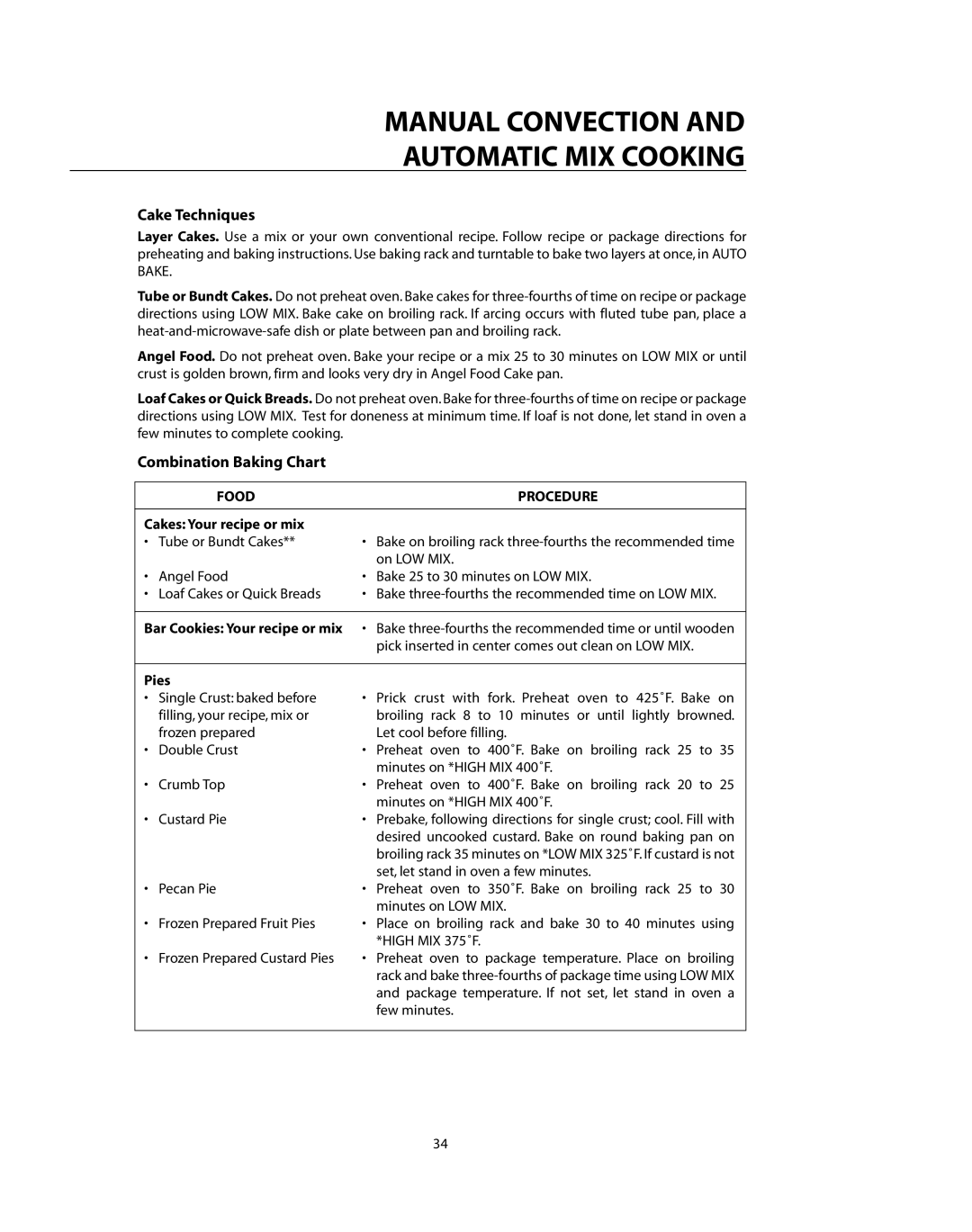 DCS CMO24SS manual Cake Techniques, Combination Baking Chart, Food Procedure, Cakes Your recipe or mix, Pies 