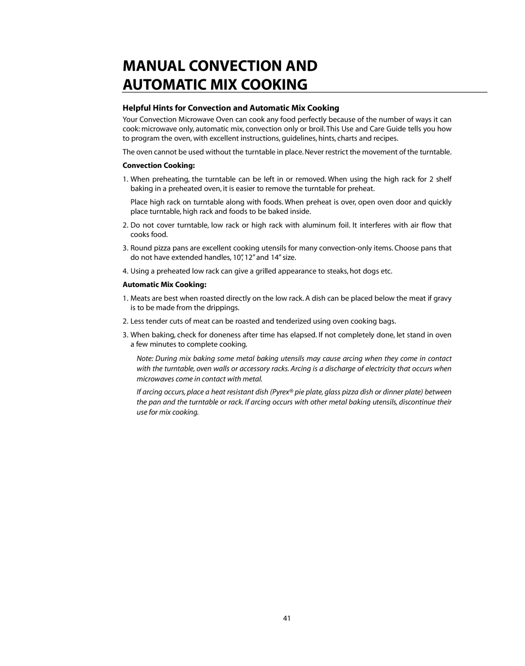 DCS CMO24SS manual Helpful Hints for Convection and Automatic Mix Cooking, Convection Cooking 