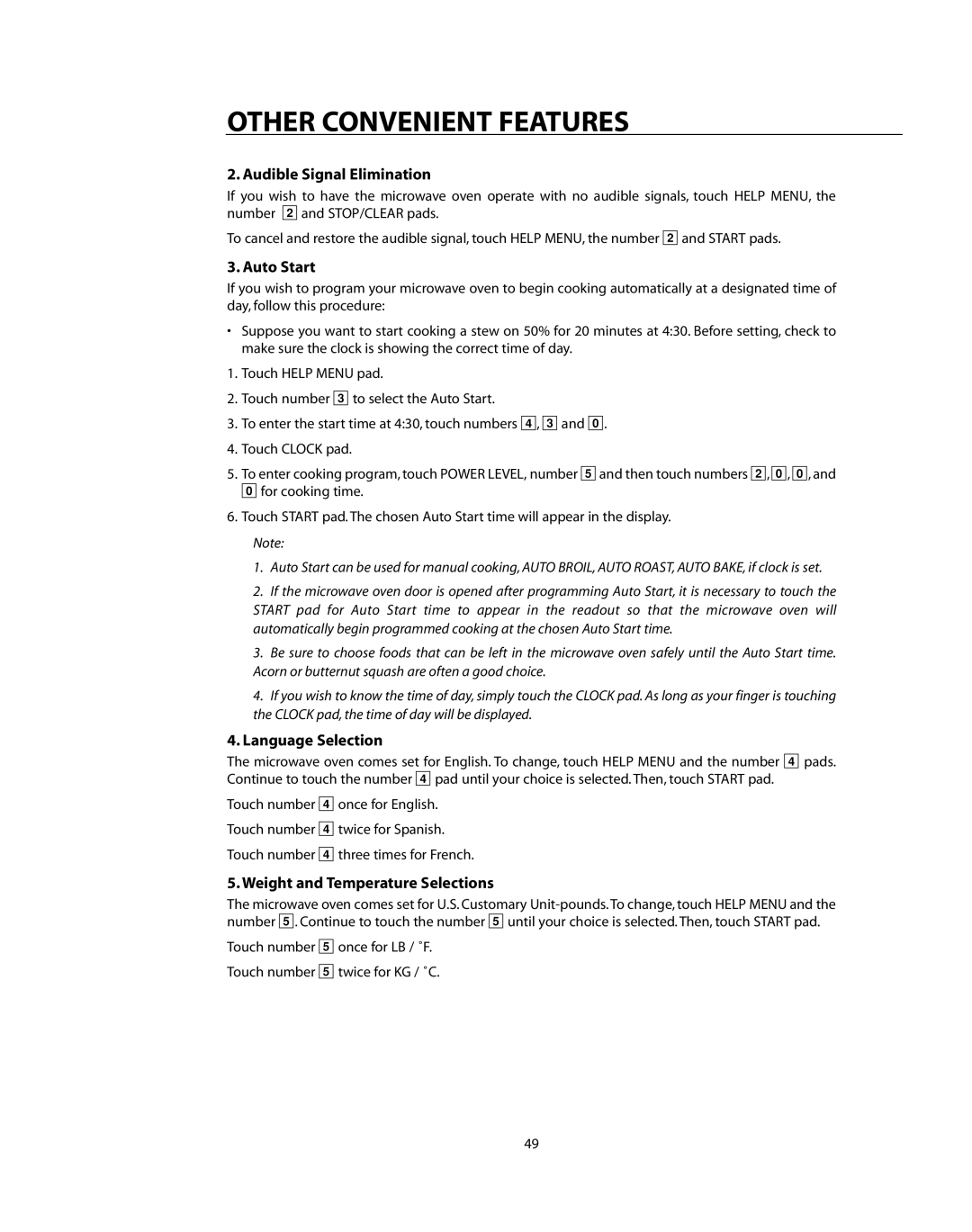 DCS CMO24SS manual Audible Signal Elimination, Auto Start, Language Selection, Weight and Temperature Selections 