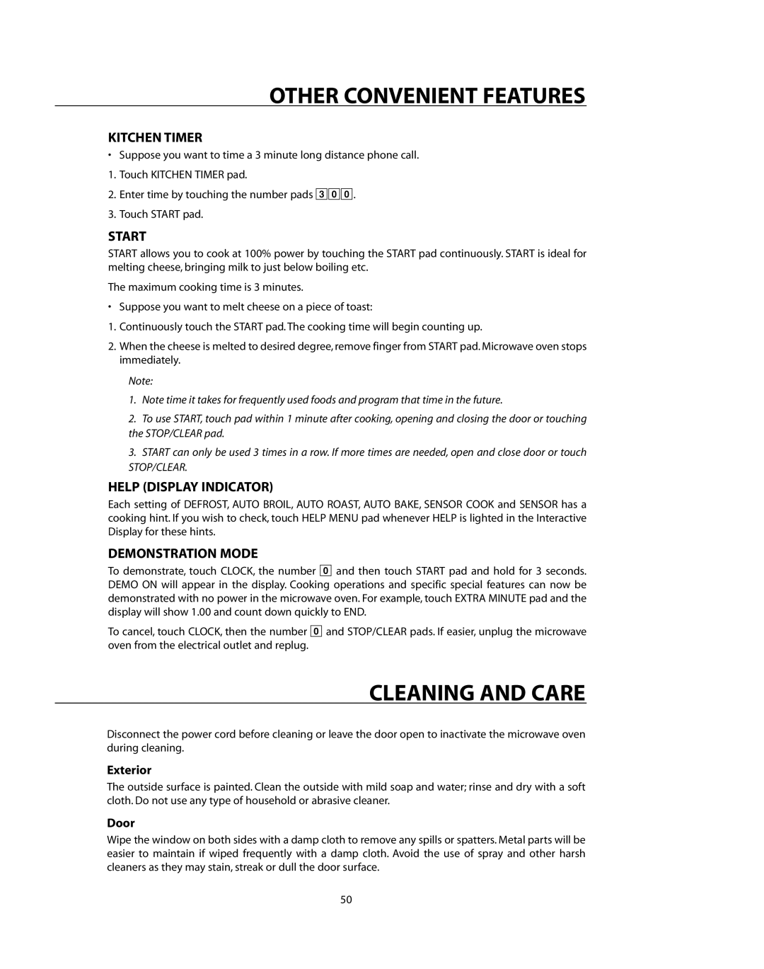 DCS CMO24SS manual Cleaning and Care, Kitchen Timer, Start, Help Display Indicator, Demonstration Mode 