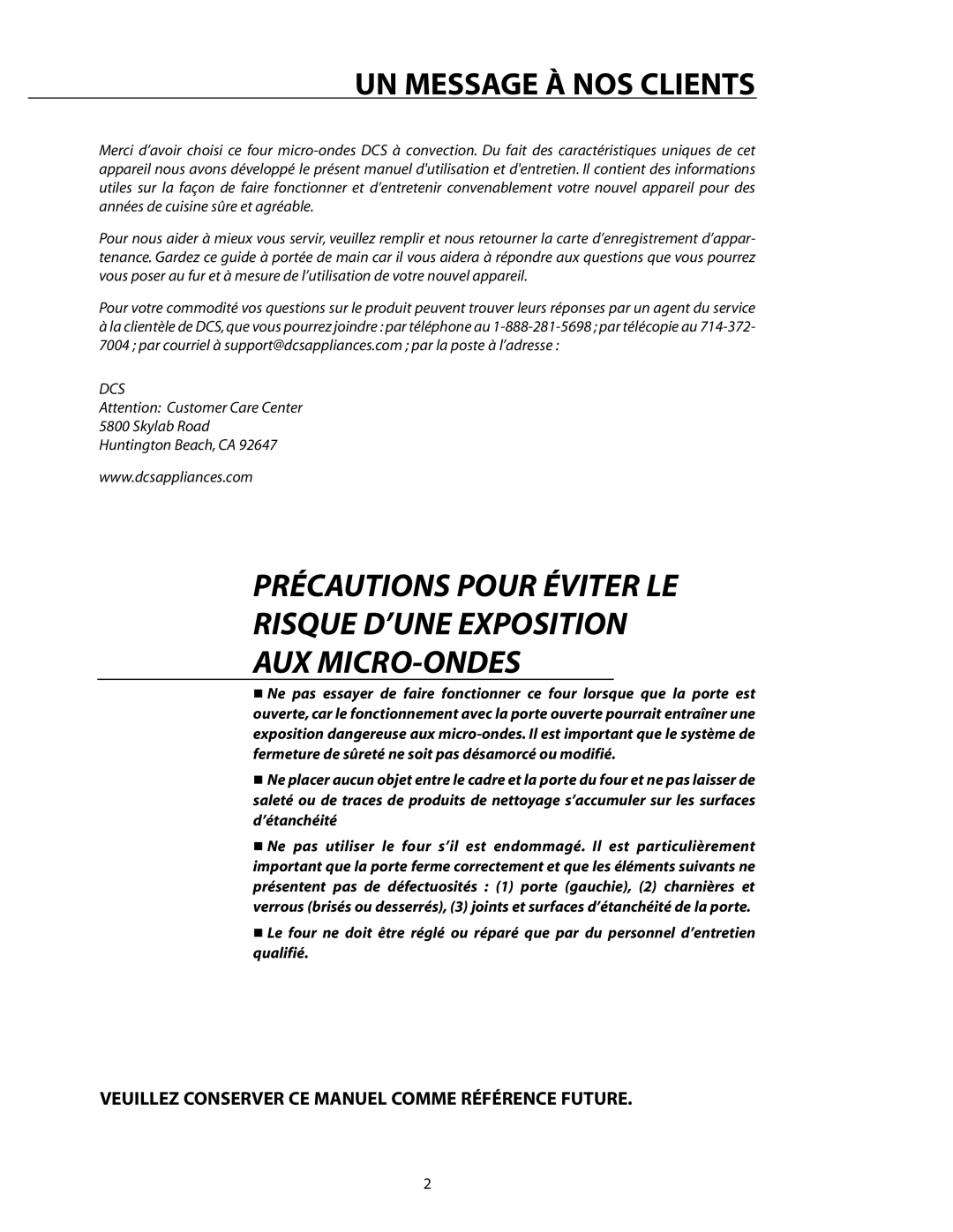 DCS CMO24SS manual UN Message À NOS Clients, Veuillez Conserver CE Manuel Comme Référence Future 