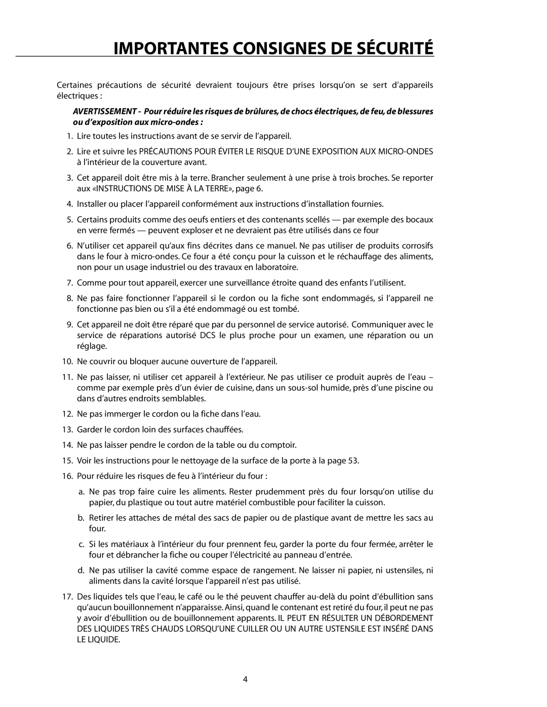 DCS CMO24SS manual Importantes Consignes DE Sécurité 