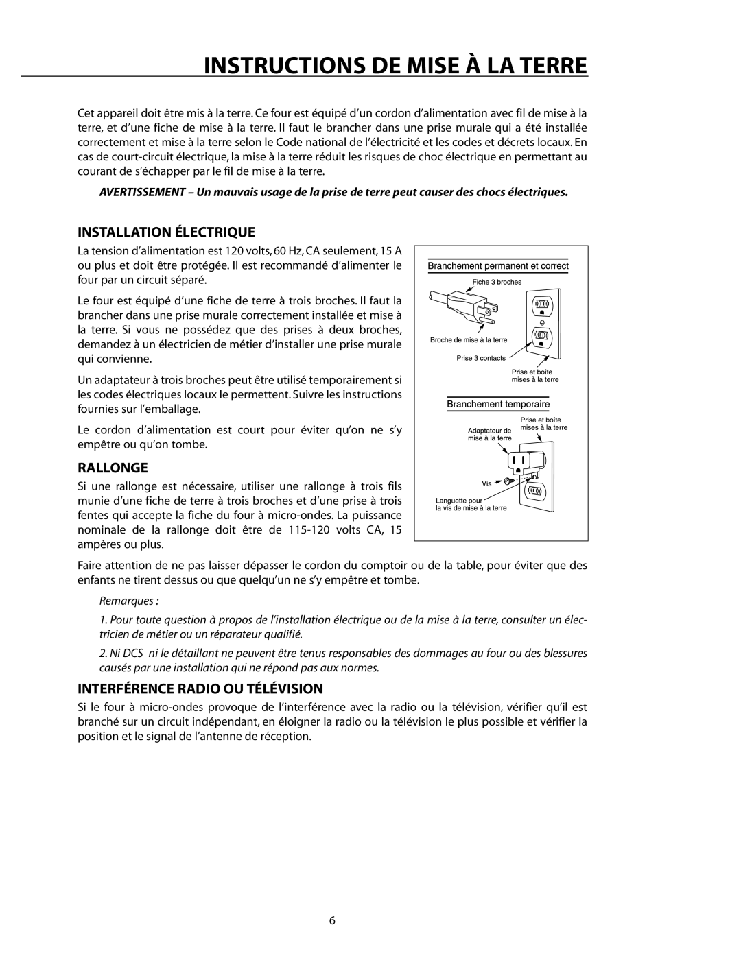 DCS CMO24SS manual Instructions DE Mise À LA Terre, Installation Électrique, Rallonge, Interférence Radio OU Télévision 