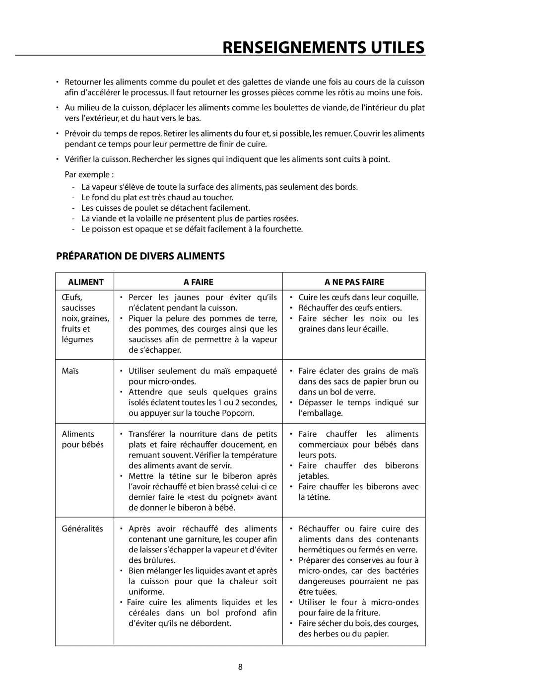 DCS CMO24SS manual Préparation DE Divers Aliments, Aliment Faire NE PAS Faire 