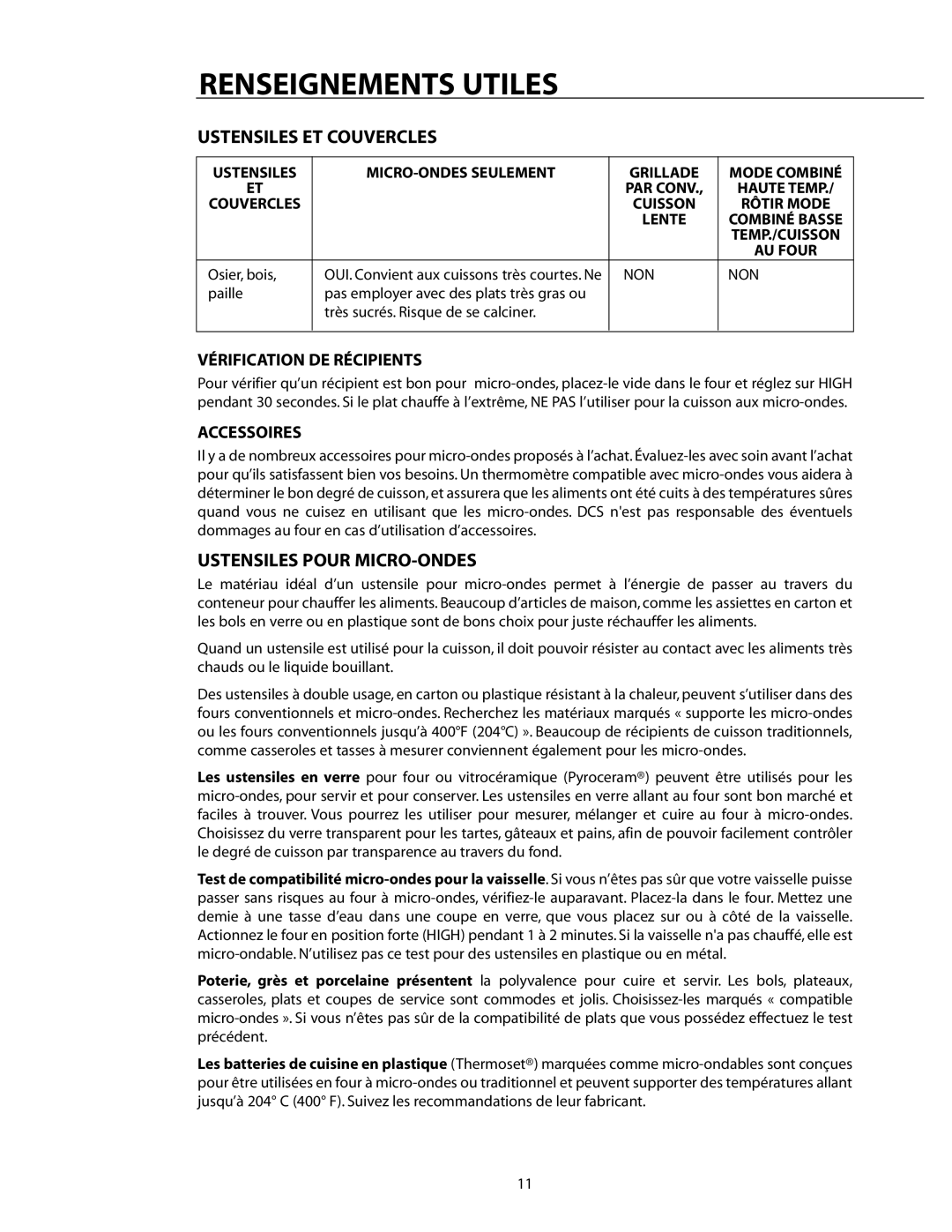 DCS CMO24SS manual Ustensiles Pour MICRO-ONDES, MICRO-ONDES Seulement Grillade, Lente, Osier, bois, Non 