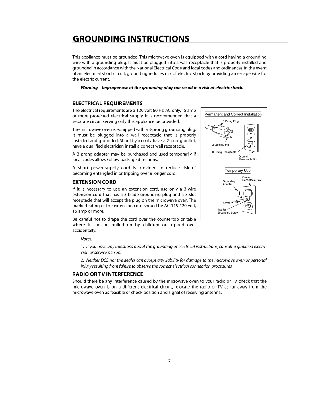 DCS CMO24SS manual Grounding Instructions, Electrical Requirements, Extension Cord, Radio or TV Interference 