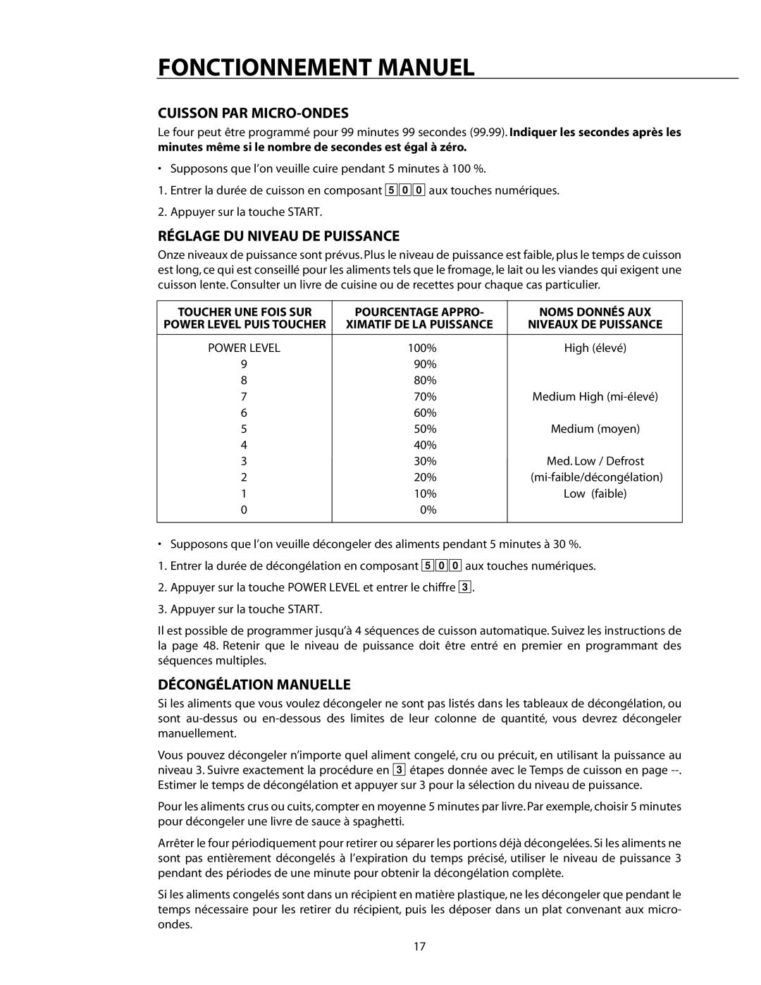 DCS CMO24SS manual Fonctionnement Manuel, Cuisson PAR MICRO-ONDES, Réglage DU Niveau DE Puissance, Décongélation Manuelle 