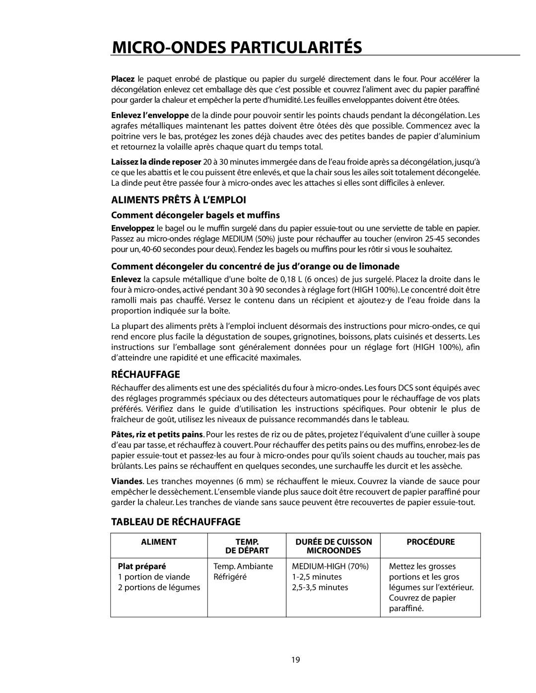 DCS CMO24SS manual Aliments Prêts À L’EMPLOI, Tableau DE Réchauffage, Comment décongeler bagels et muffins 