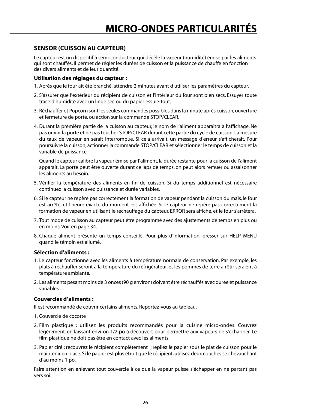 DCS CMO24SS Sensor Cuisson AU Capteur, Utilisation des réglages du capteur, Sélection d’aliments, Couvercles d’aliments 