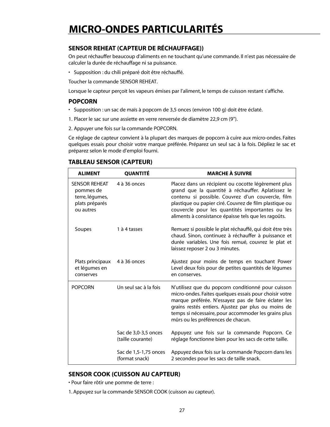 DCS CMO24SS manual Sensor Reheat Capteur DE Réchauffage, Tableau Sensor Capteur, Sensor Cook Cuisson AU Capteur 