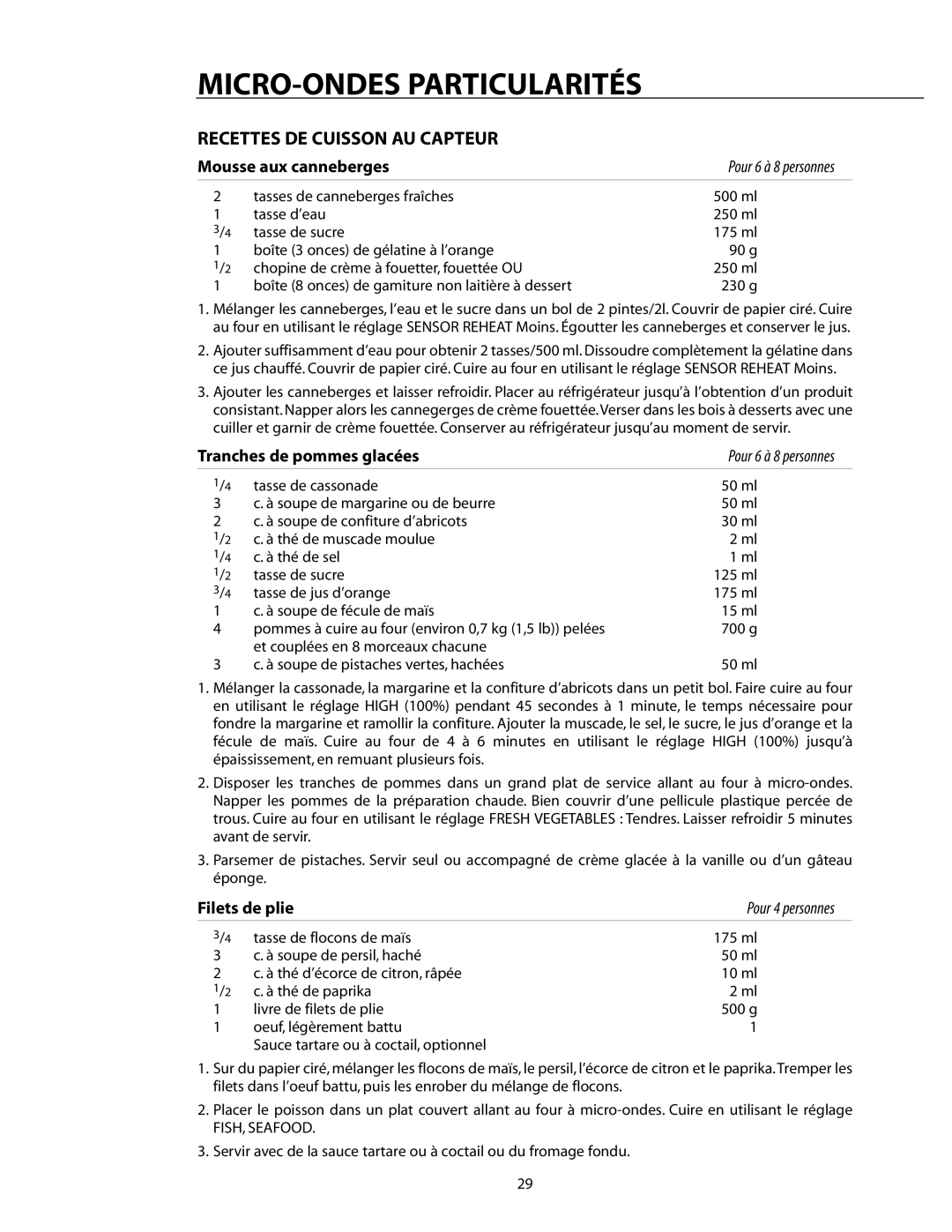 DCS CMO24SS manual Recettes DE Cuisson AU Capteur, Mousse aux canneberges, Tranches de pommes glacées, Filets de plie 