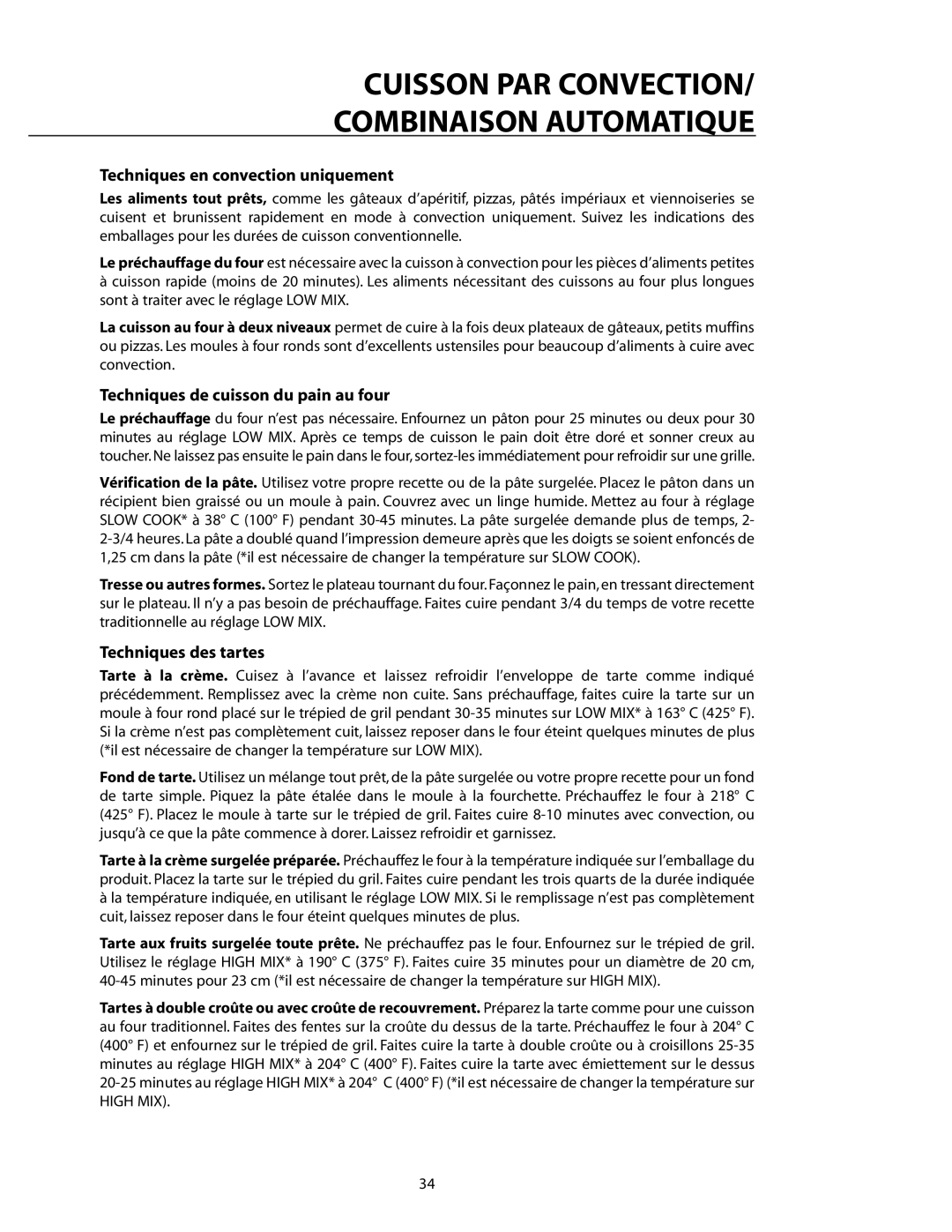 DCS CMO24SS manual Techniques en convection uniquement, Techniques de cuisson du pain au four, Techniques des tartes 