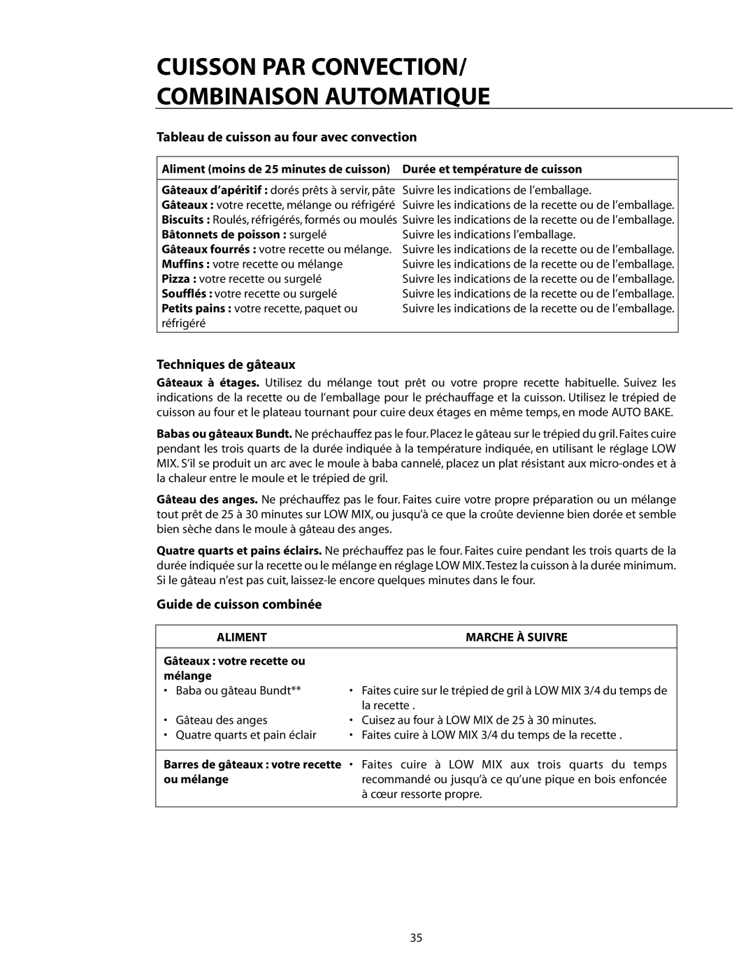 DCS CMO24SS manual Tableau de cuisson au four avec convection, Techniques de gâteaux, Guide de cuisson combinée 