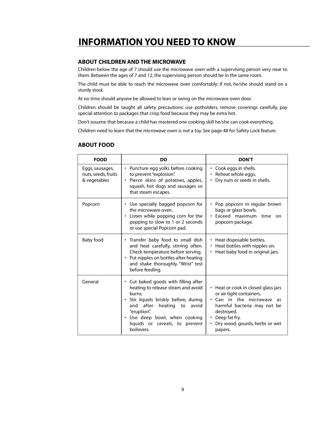 DCS CMO24SS manual About Children and the Microwave, About Food, Food DON’T 