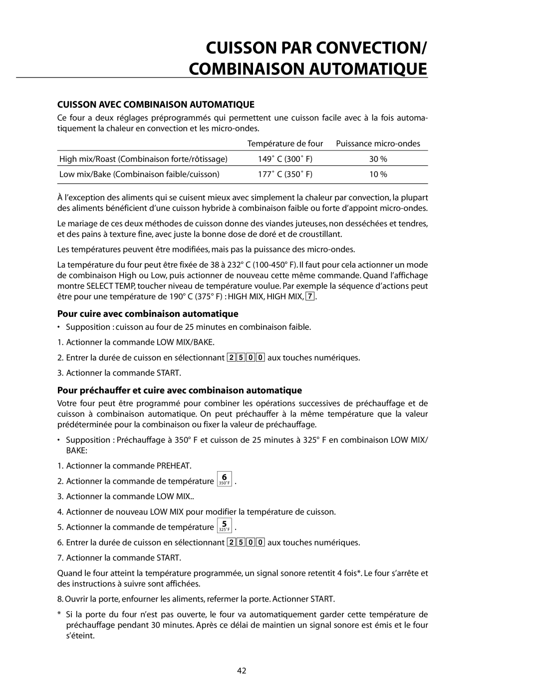 DCS CMO24SS manual Pour cuire avec combinaison automatique, Pour préchauffer et cuire avec combinaison automatique 