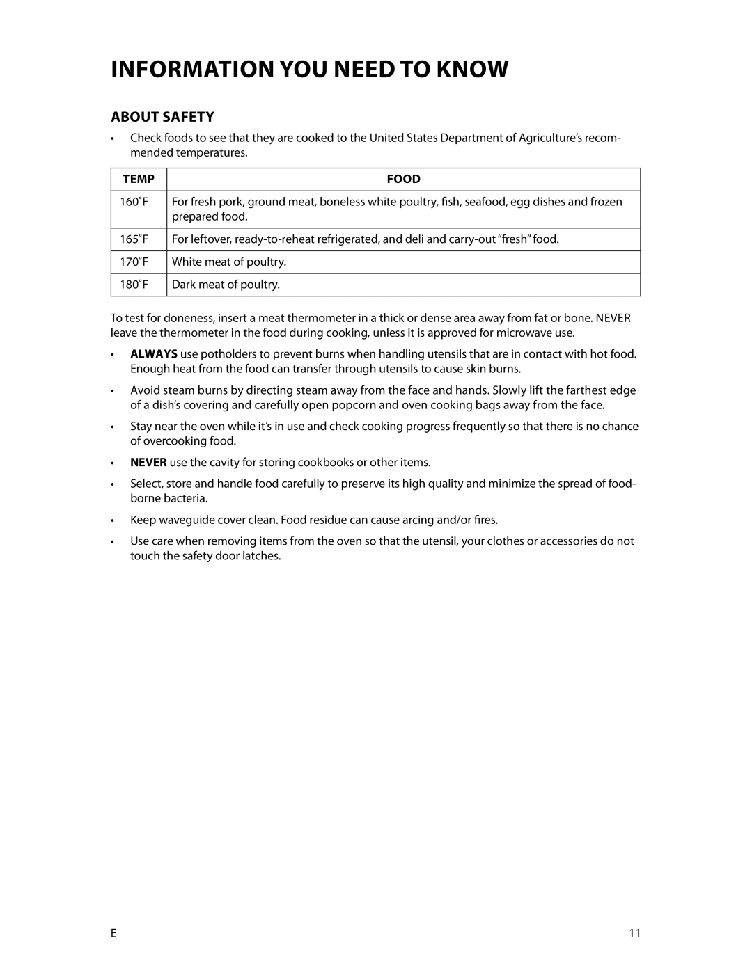 DCS CMOH30SS manual About safety, Temp Food, 160˚F, Prepared food 