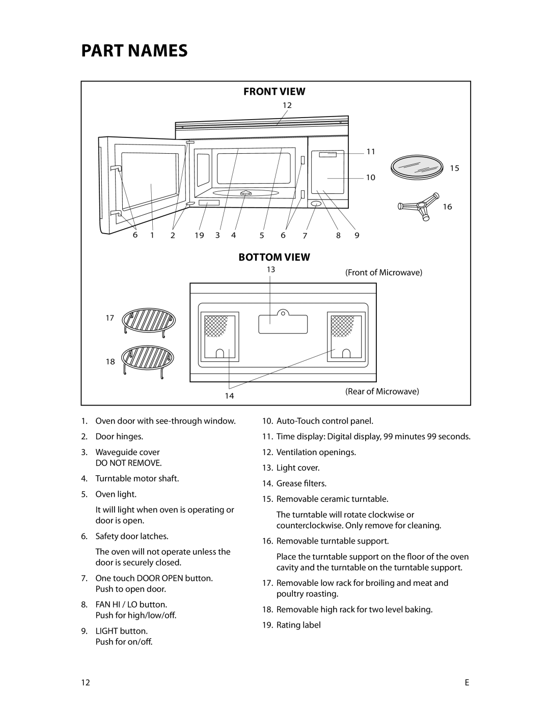 DCS CMOH30SS manual Part Names, Front of Microwave, Rear of Microwave 