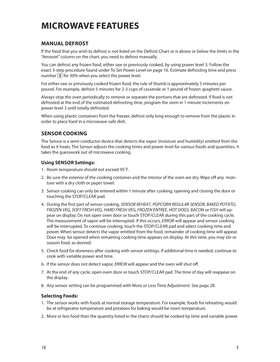 DCS CMOH30SS manual Manual Defrost, Sensor Cooking, Using Sensor Settings, Selecting Foods 