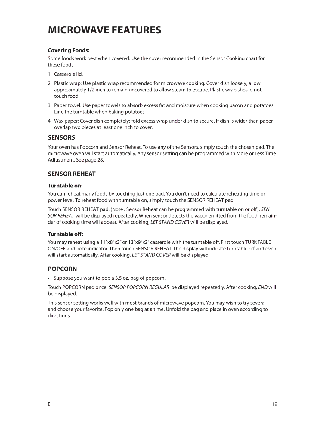 DCS CMOH30SS manual Sensors, Sensor Reheat, Popcorn 