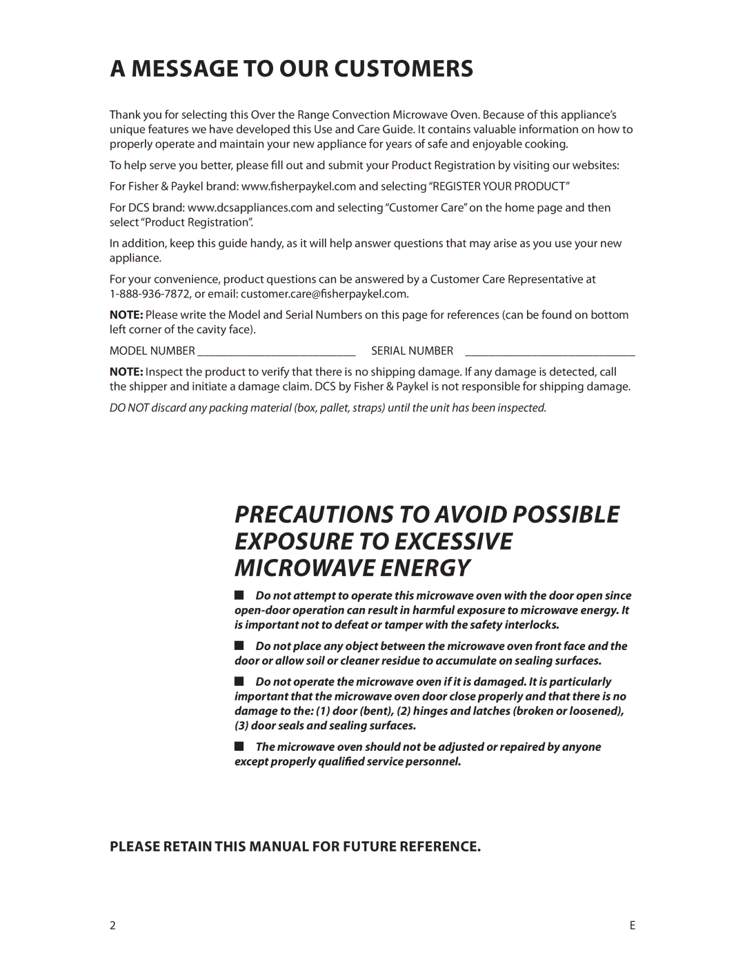 DCS CMOH30SS manual Message to OUR Customers, Please Retain this Manual for Future Reference 