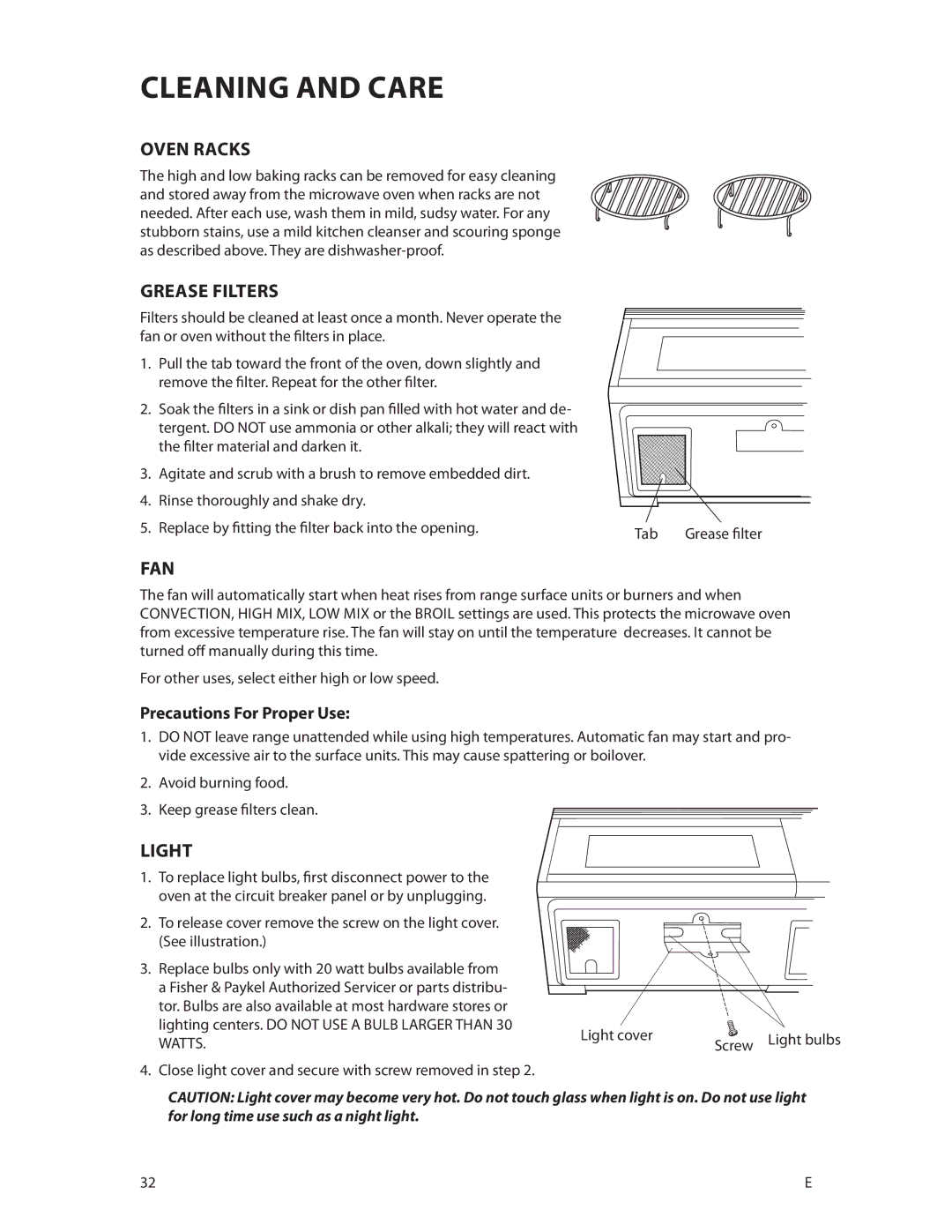 DCS CMOH30SS manual Oven Racks, Grease Filters, Fan, Light, Precautions For Proper Use 