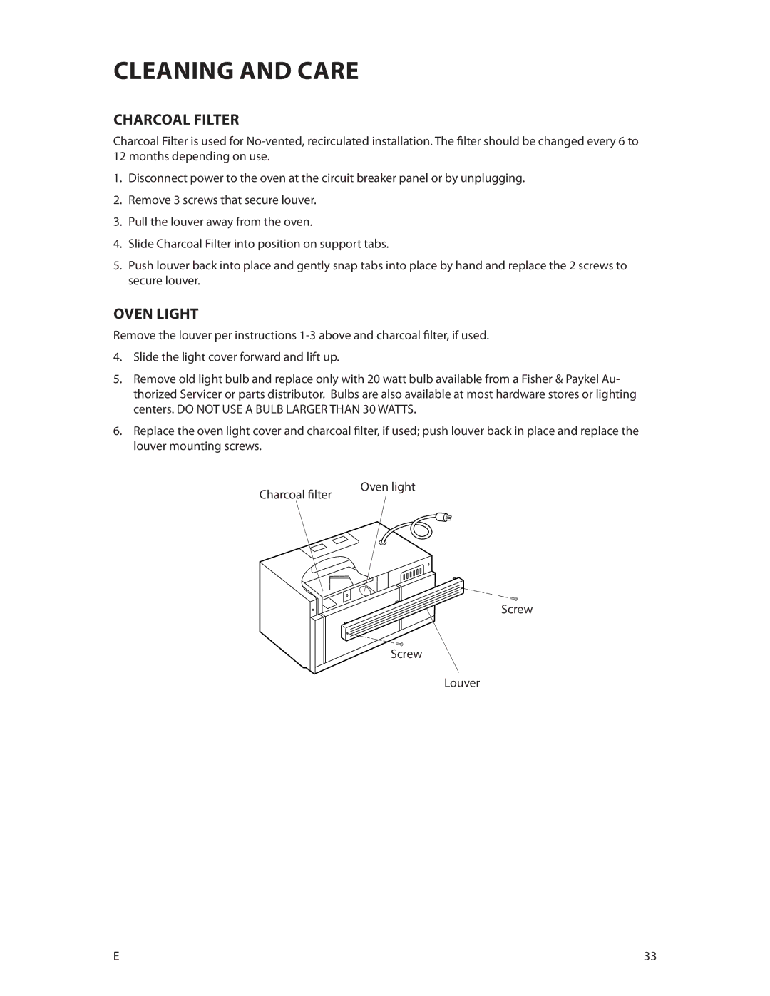 DCS CMOH30SS manual Charcoal Filter, Oven Light 