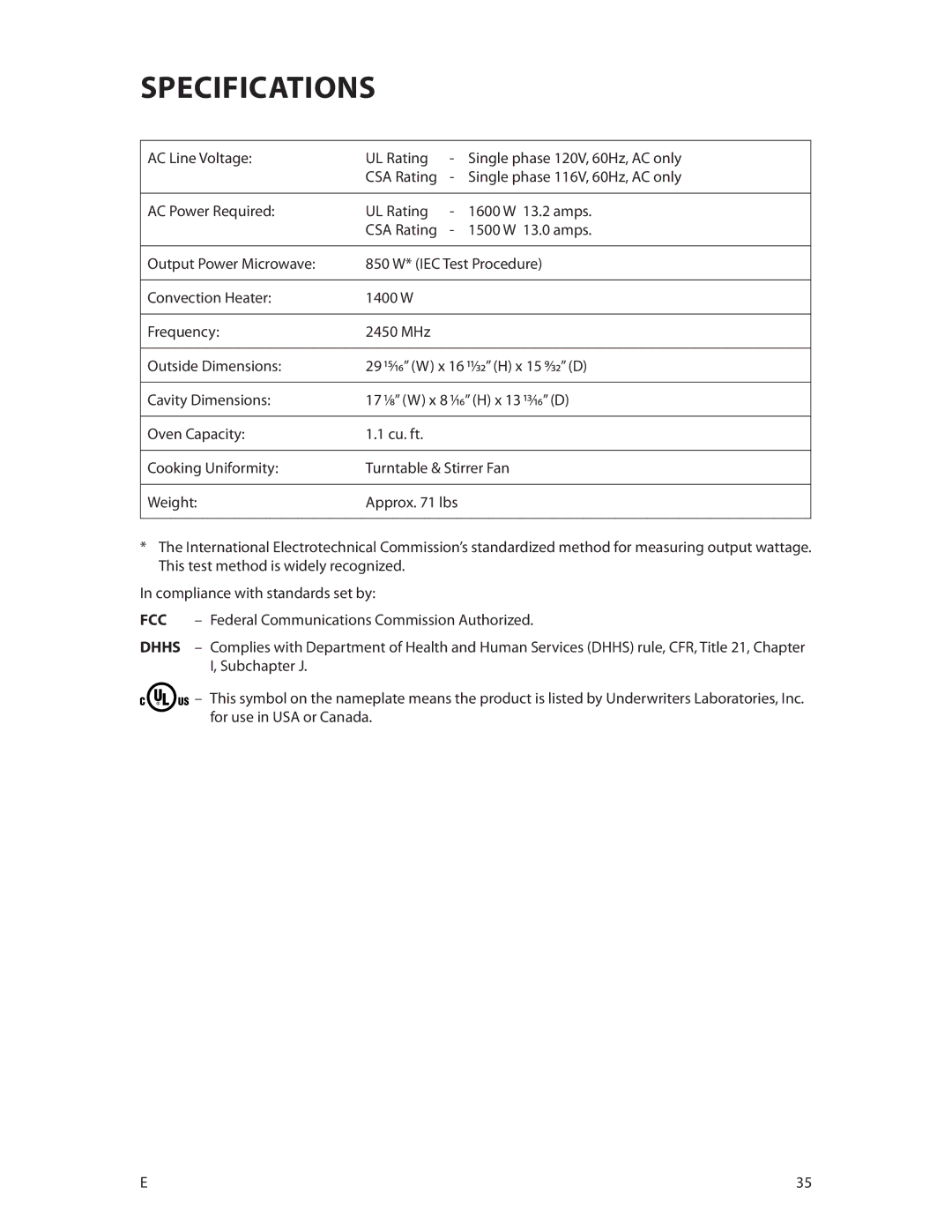 DCS CMOH30SS Specifications, AC Line Voltage UL Rating Single phase 120V, 60Hz, AC only, Single phase 116V, 60Hz, AC only 