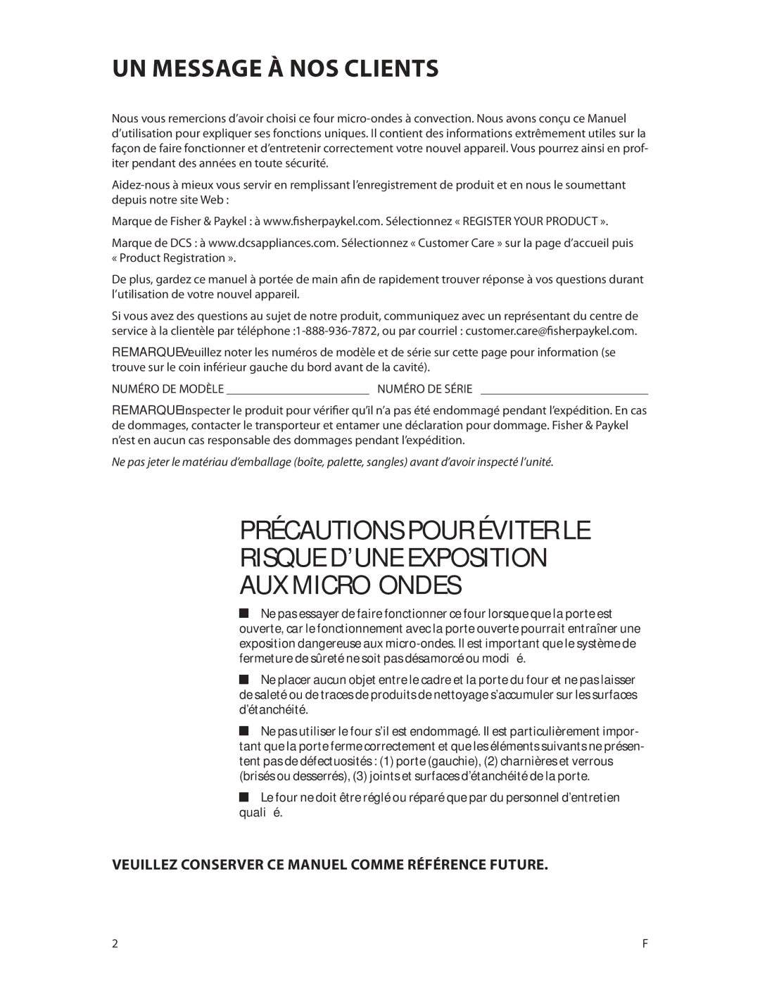 DCS CMOH30SS manual UN Message À NOS Clients, Veuillez Conserver CE Manuel Comme Référence Future 