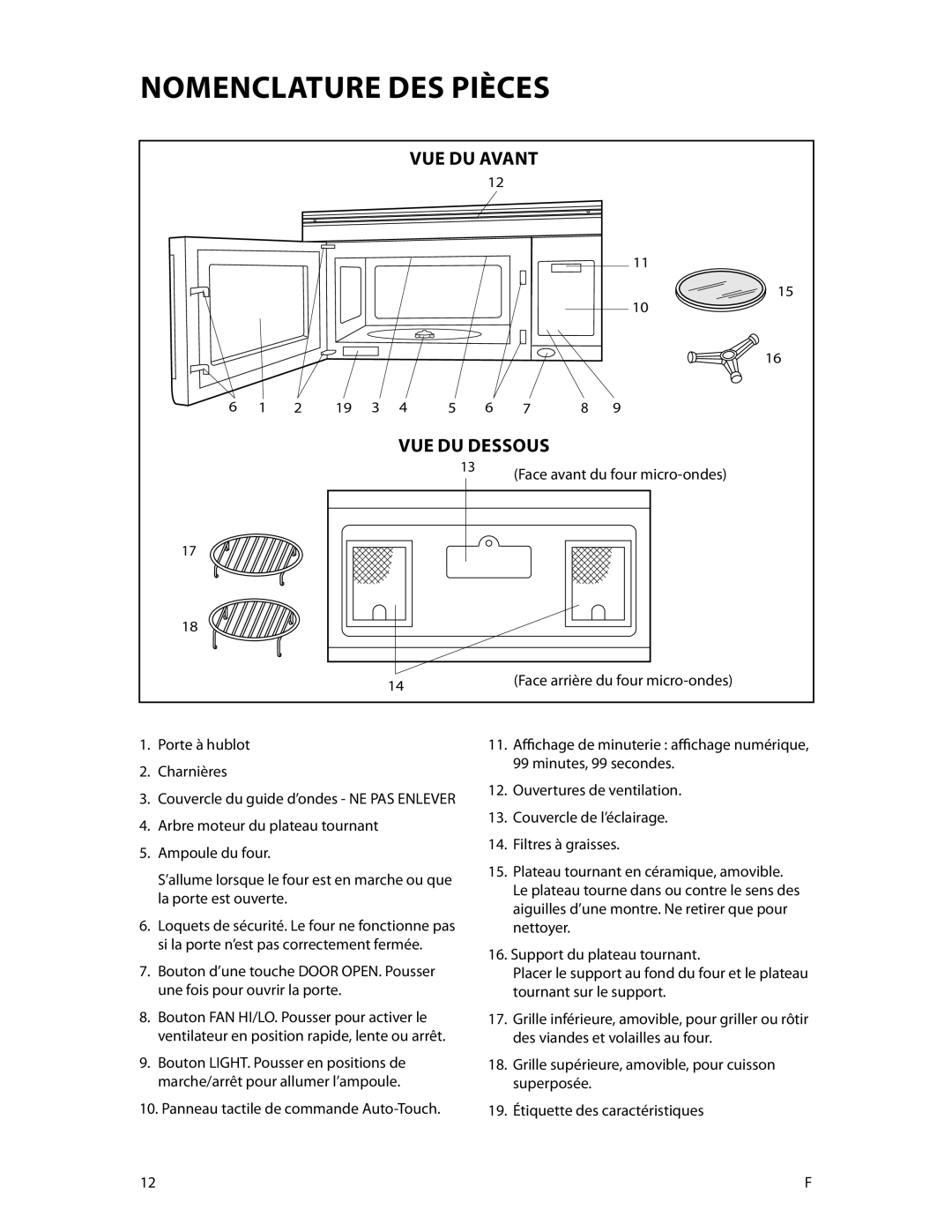 DCS CMOH30SS manual Nomenclature DES Pièces, VUE DU Avant, VUE DU Dessous, 2 19 3 4 5 6 7 8, Porte à hublot Charnières 