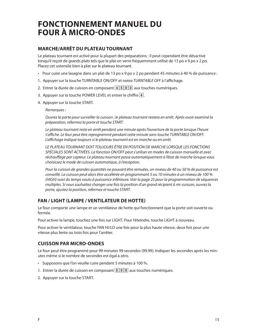 DCS CMOH30SS manual Fonctionnement manuel du four à micro-ondes, MARCHE/ARRÊT DU Plateau Tournant, Cuisson par micro-ondes 