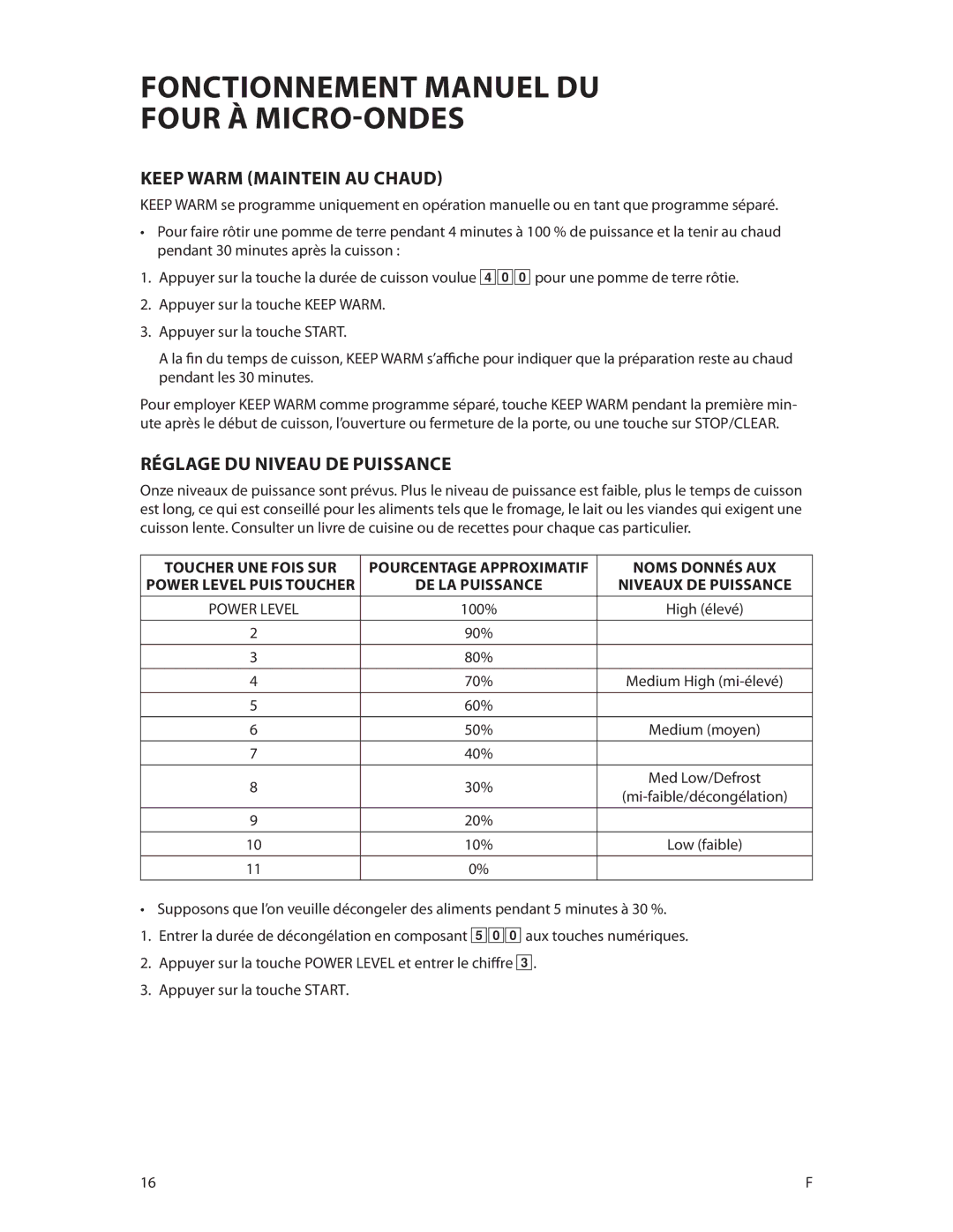 DCS CMOH30SS manual Keep Warm Maintein AU Chaud, Réglage du niveau de puissance, Toucher UNE Fois SUR 