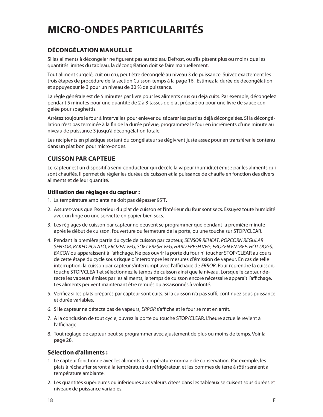 DCS CMOH30SS manual Décongélation Manuelle, Cuisson PAR Capteue, Sélection d’aliments, Utilisation des réglages du capteur 