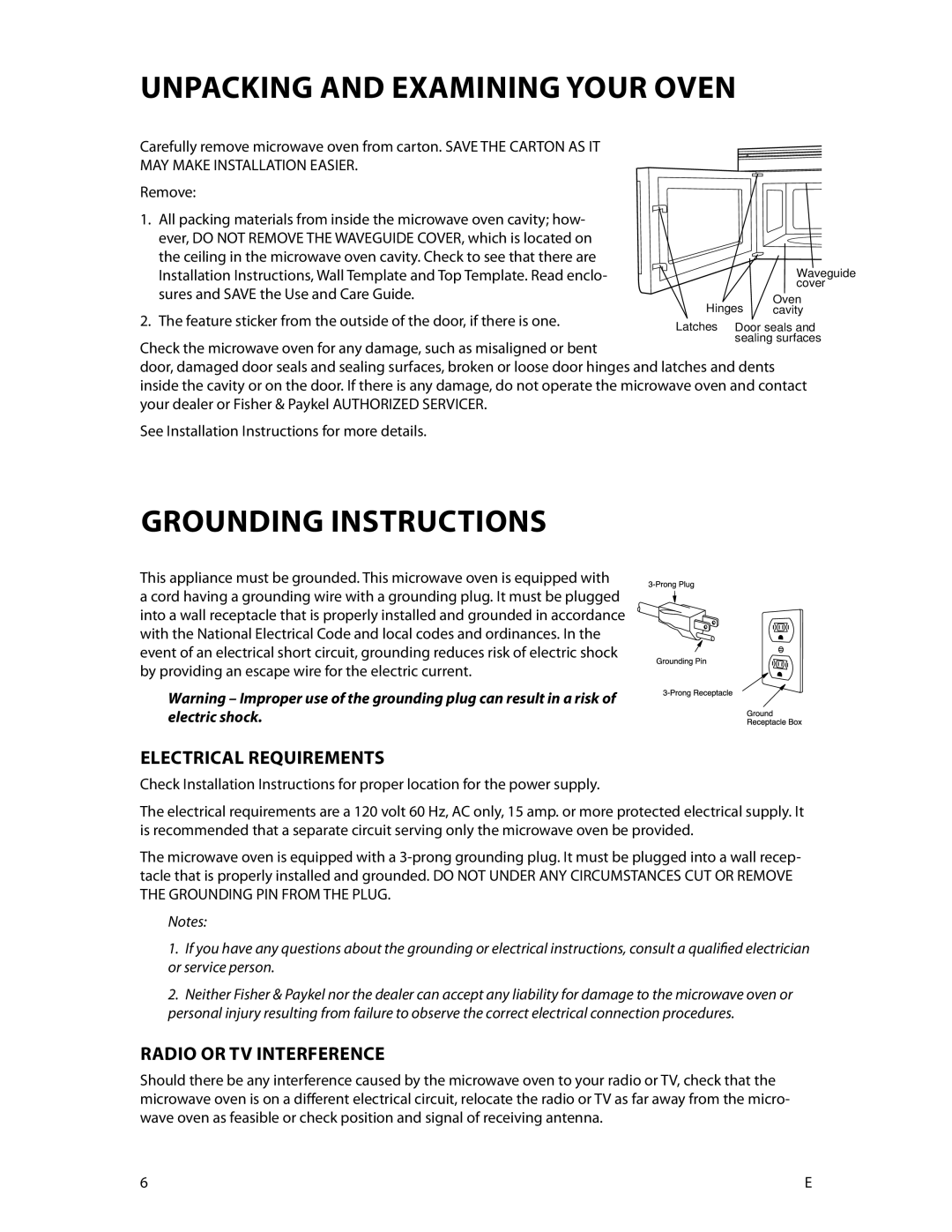 DCS CMOH30SS Unpacking and Examining Your Oven, Grounding instructions, Electrical Requirements, Radio or TV Interference 