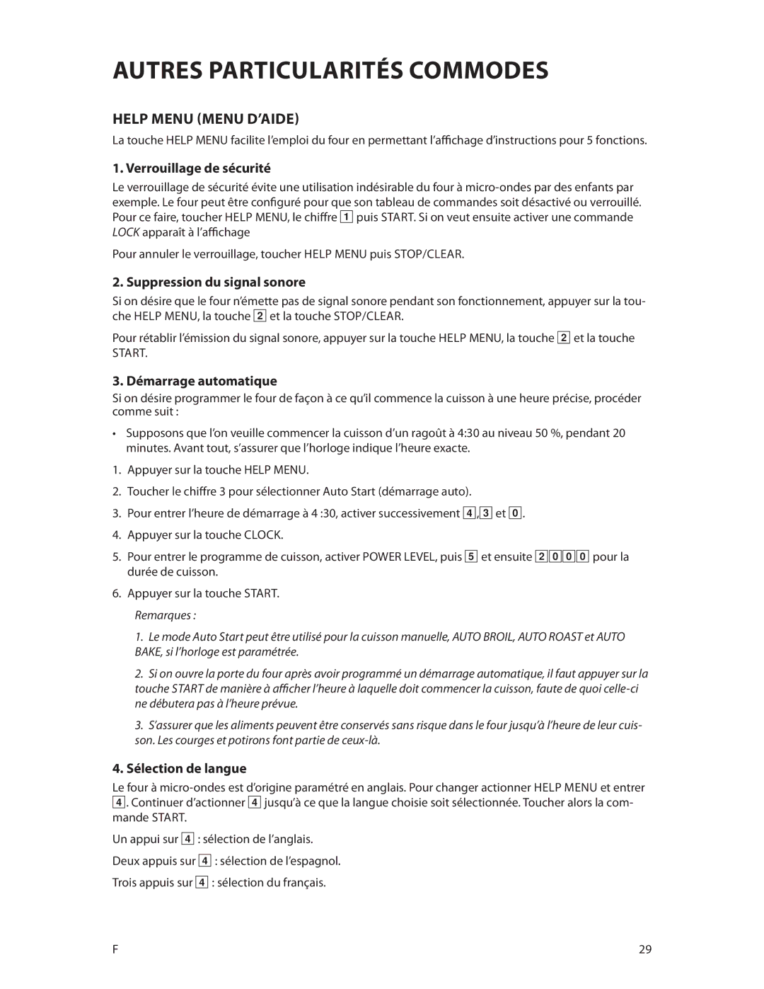 DCS CMOH30SS manual Help Menu Menu d’aide, Verrouillage de sécurité, Suppression du signal sonore, Démarrage automatique 