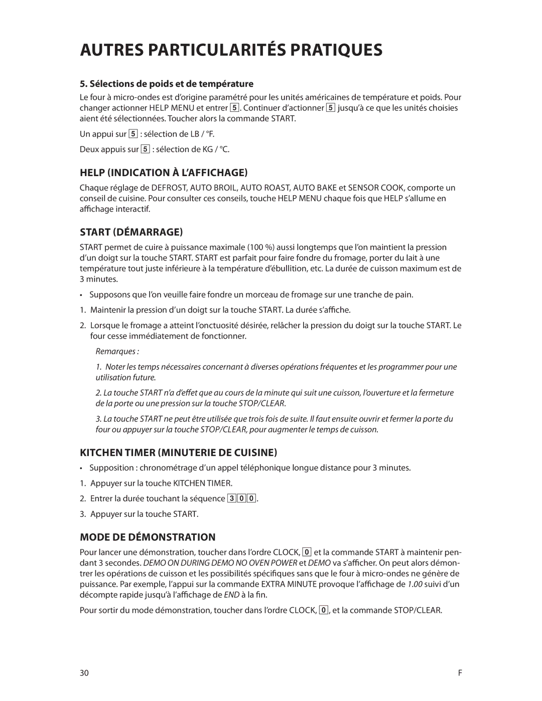 DCS CMOH30SS manual Autres particularités pratiques, Help indication à l’affichage, Start Démarrage, Mode de dÉmonstration 