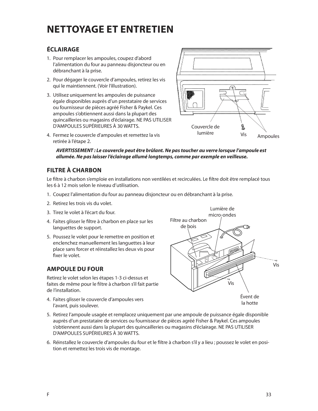 DCS CMOH30SS manual Éclairage, Filtre À Charbon, Ampoule DU Four, Lumière Vis 