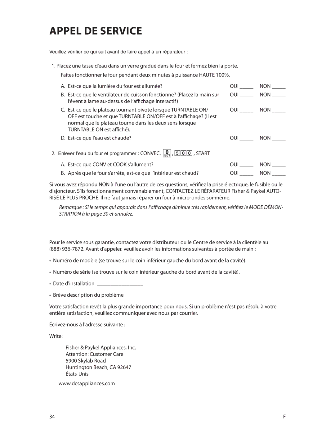 DCS CMOH30SS manual Appel de service, Est-ce que la lumière du four est allumée? OUI 