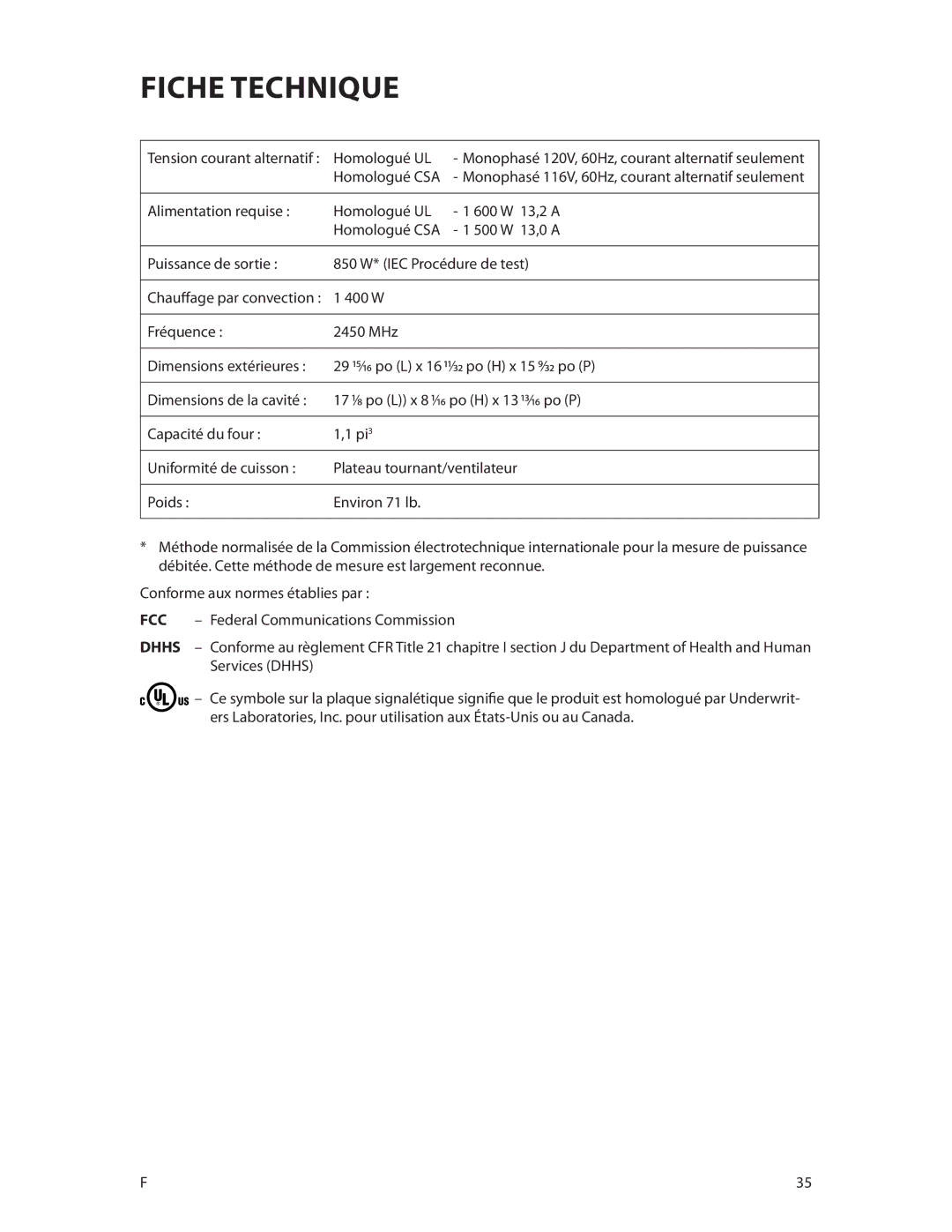 DCS CMOH30SS manual Fiche Technique, Tension courant alternatif Homologué UL, Homologué CSA 