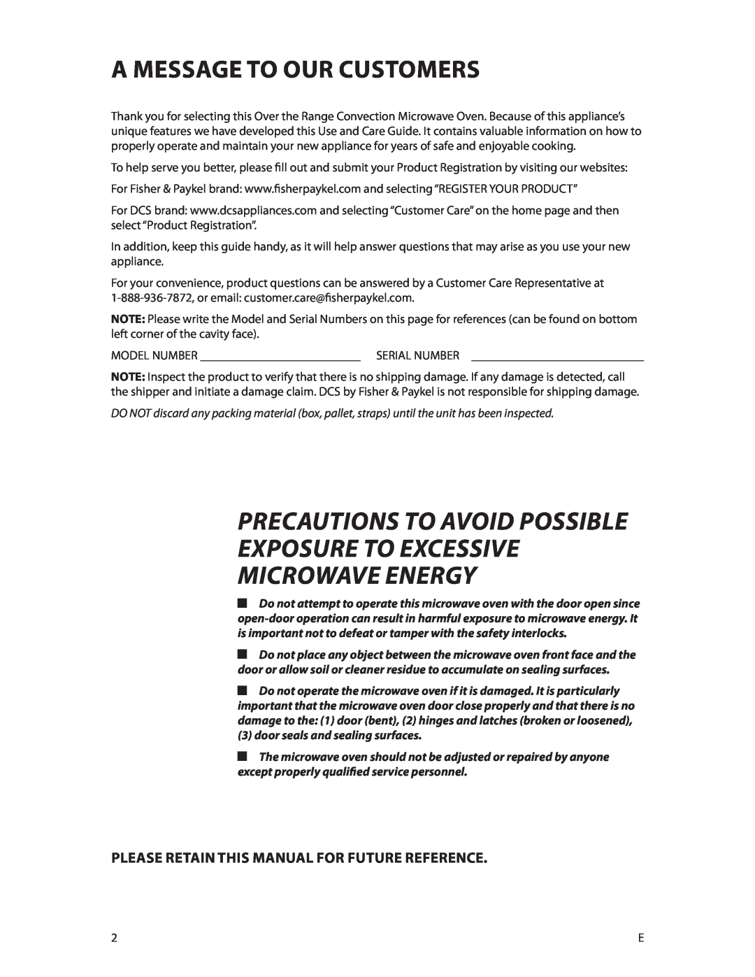 DCS CMOH30SS manual A Message To Our Customers, Precautions To Avoid Possible Exposure To Excessive Microwave Energy 
