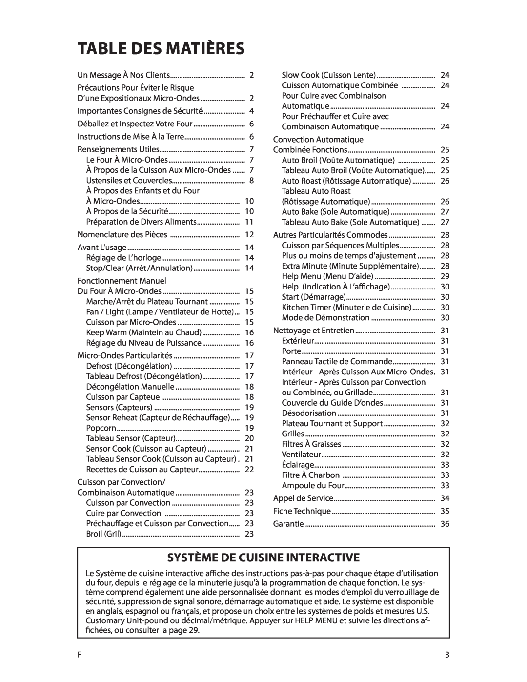 DCS CMOH30SS manual Table des matières, Système De Cuisine Interactive 