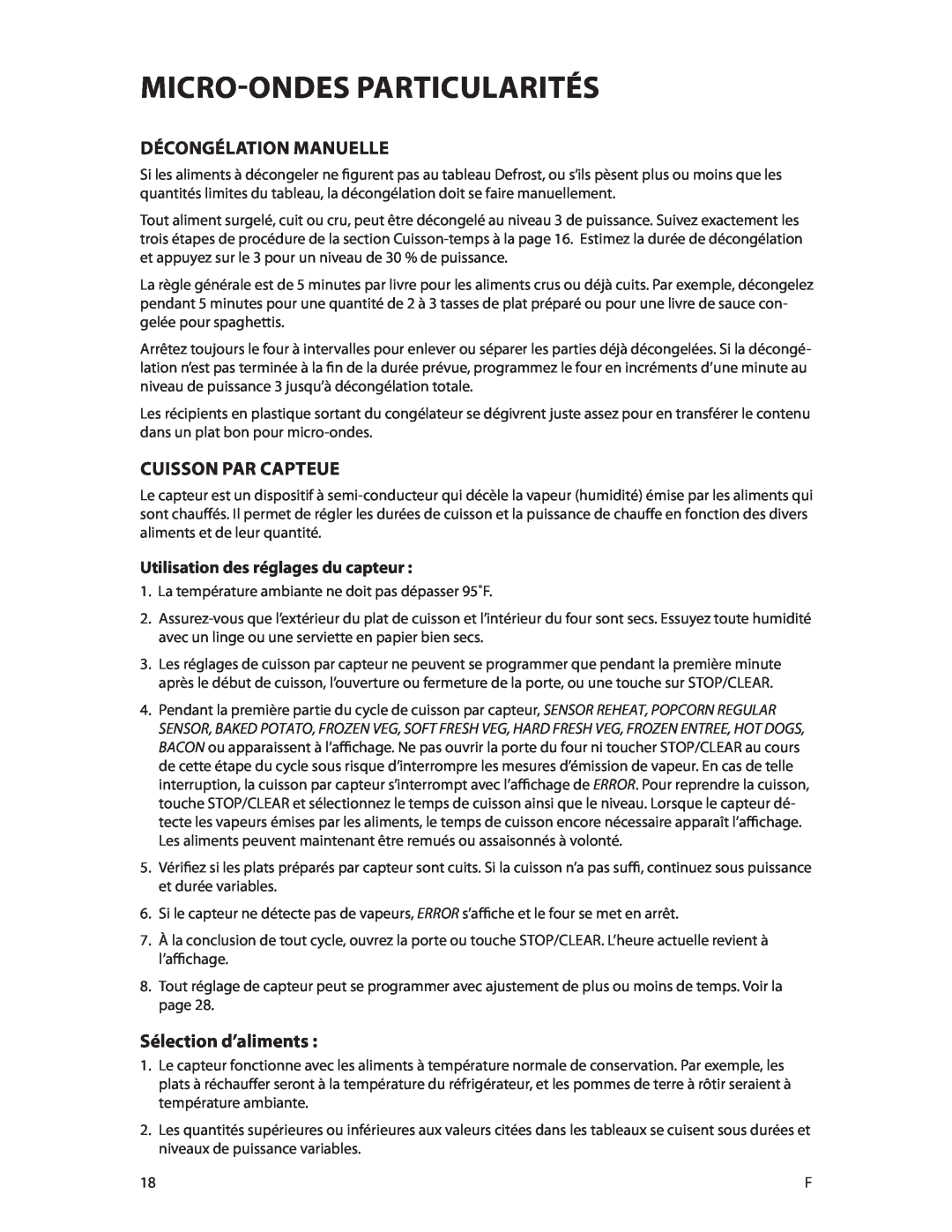 DCS CMOH30SS manual Décongélation Manuelle, Cuisson Par Capteue, Sélection d’aliments, Utilisation des réglages du capteur 