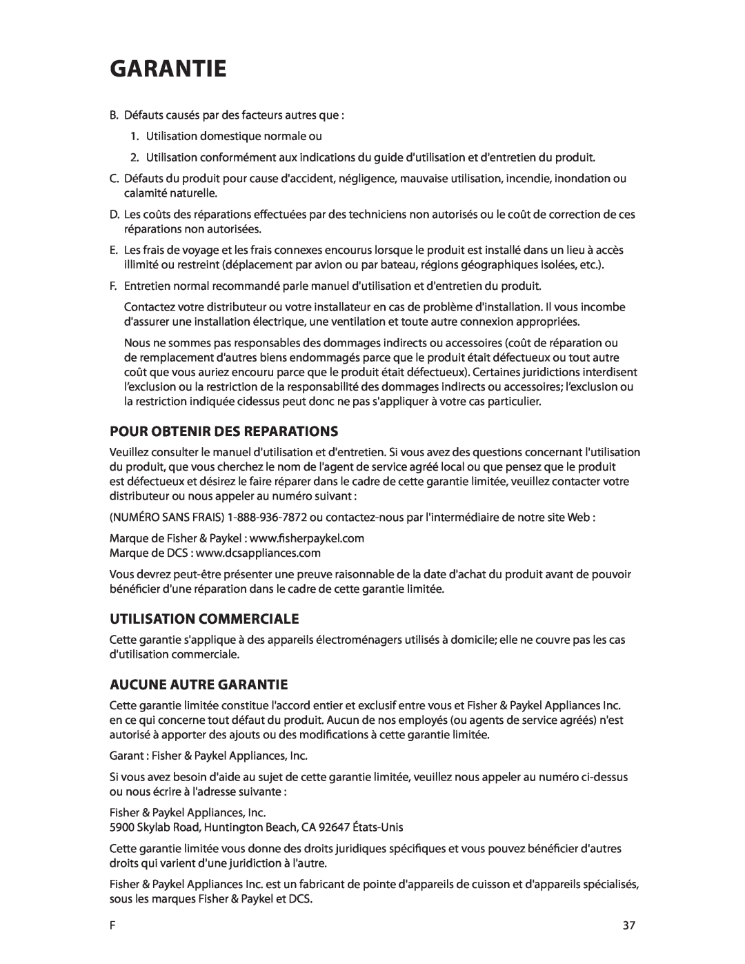 DCS CMOH30SS manual Pour Obtenir Des Reparations, Utilisation Commerciale, Aucune Autre Garantie 
