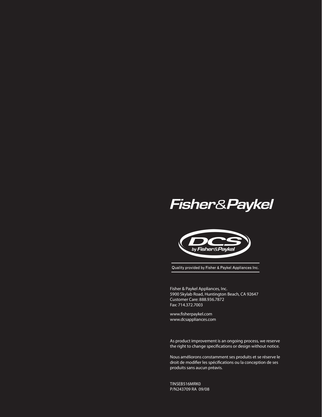 DCS CMOH30SS manual Fisher & Paykel Appliances, Inc, Skylab Road, Huntington Beach, CA Customer Care Fax 