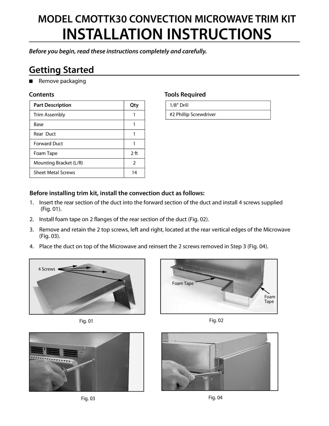 DCS CMOTTK30 installation instructions Installation Instructions, Getting Started 