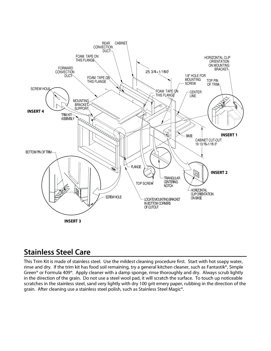 DCS CMOTTK30 installation instructions Stainless Steel Care, Insert 