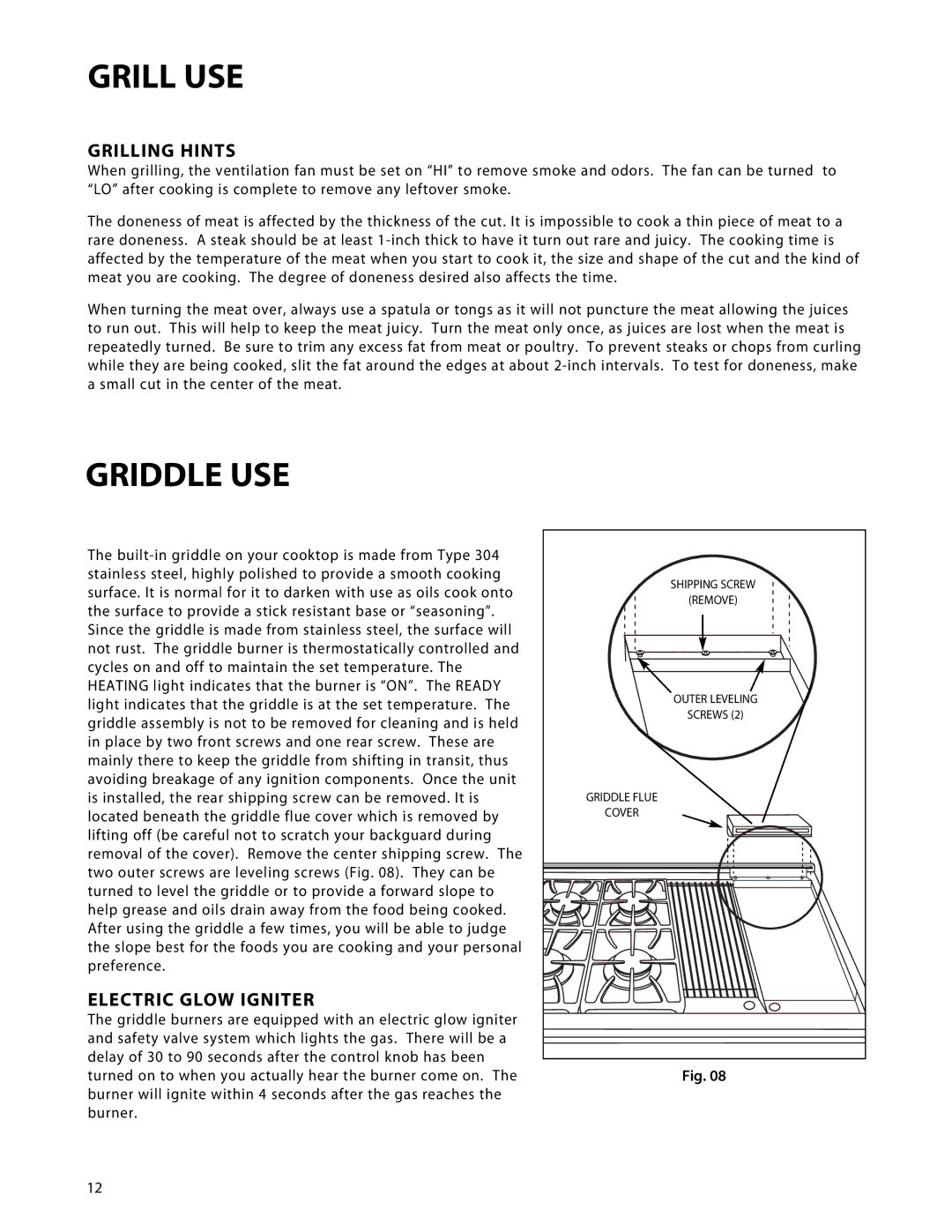 DCS CP-484GG, CP-485GD, CP-486GL, CP-366, CP-364GL, CP-486GD, CP-364GD manual Griddle USE, Grilling Hints 