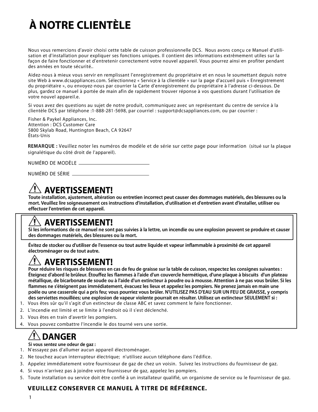 DCS CP-486GD, CP-484GG, CP-485GD, CP-486GL, CP-366 manual Notre Clientèle, Veuillez Conserver CE Manuel À Titre DE Référence 