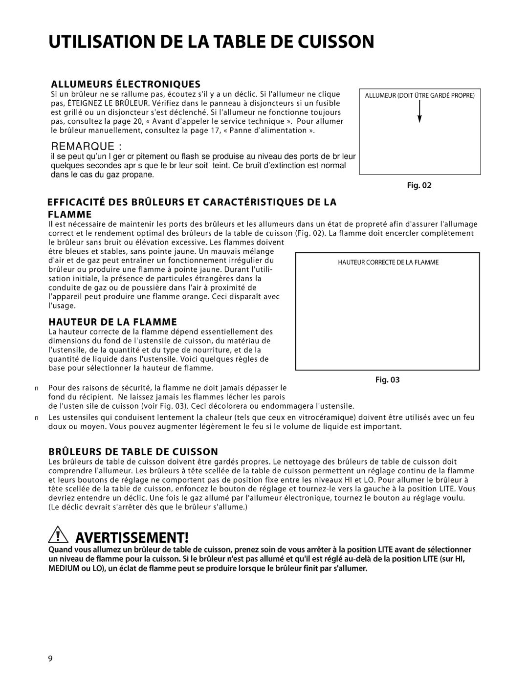 DCS CP-364GD manual Allumeurs Électroniques, Efficacité DES Brûleurs ET Caractéristiques DE LA Flamme, Hauteur DE LA Flamme 